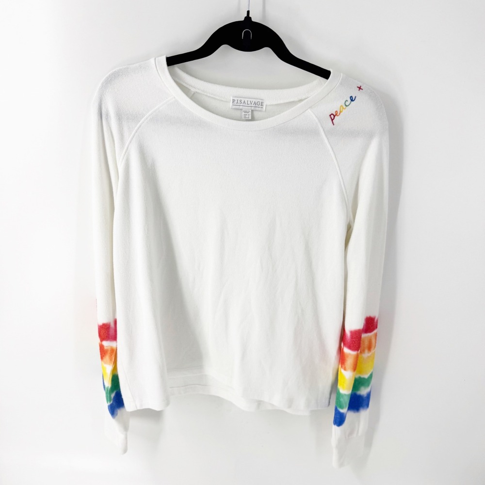 PJ Salvage Womens Peace Love Rainbow Tie Dye Sweatshirt White Small